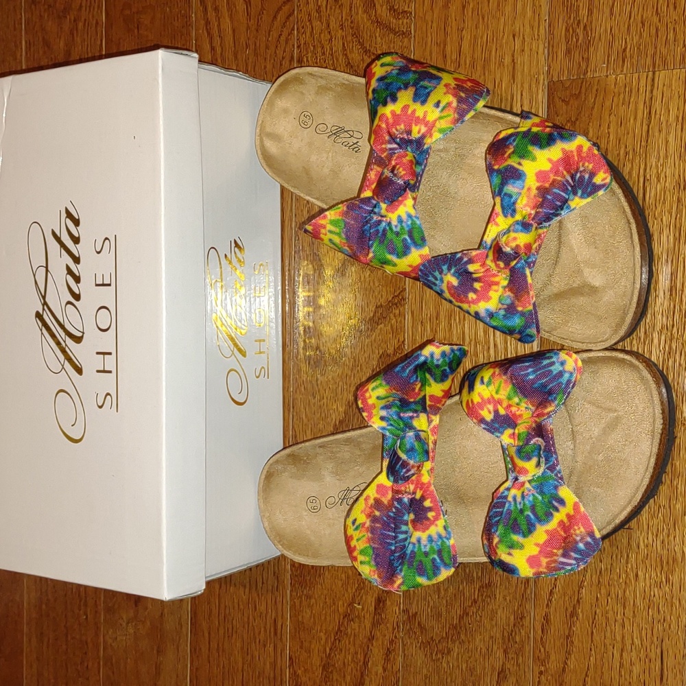 💦MATA Boardwalk👣16 Green/Yellow Double Bow Tie Died Sandals - Picture 6 of 10